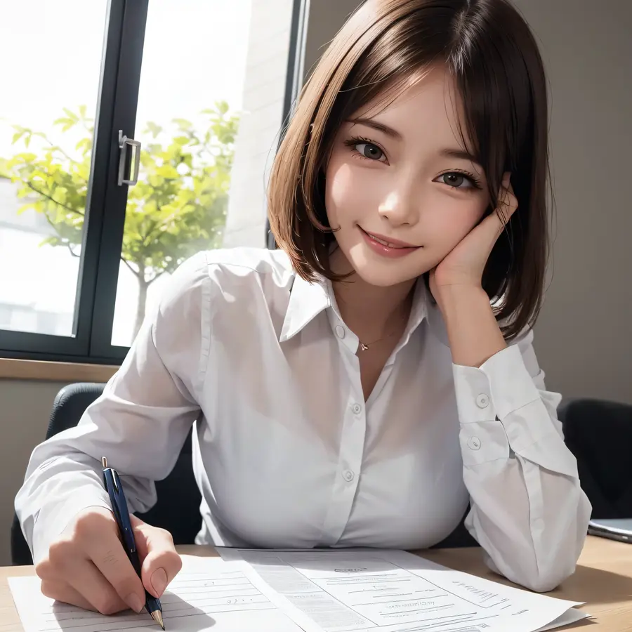 strong sunlight, (window), outside trees visible BREAK
adult female, white collar shirt, looking at camera, smiling, writing notes, desk, papers, (high resolution, photo:1.2)