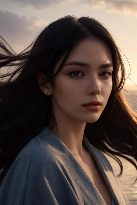 a woman with long hair standing on a beach near the ocean