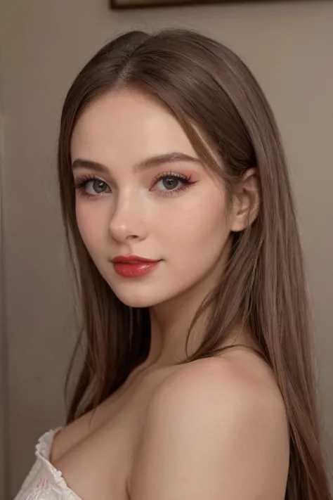 a woman with long hair and a white dress posing for a picture