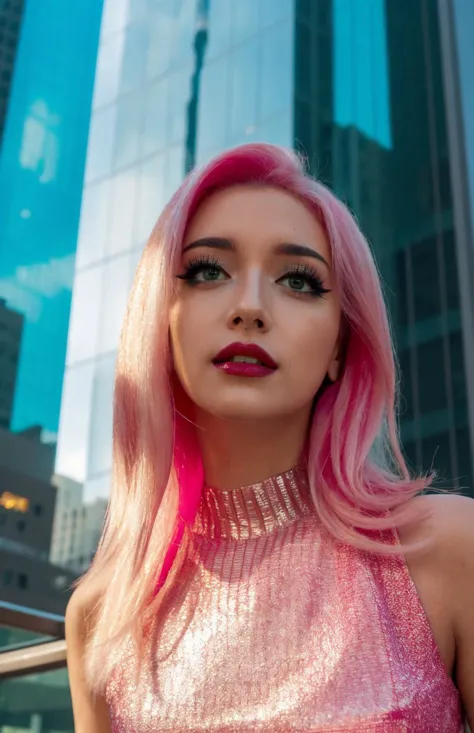 a woman with pink hair and a pink dress posing in front of a building