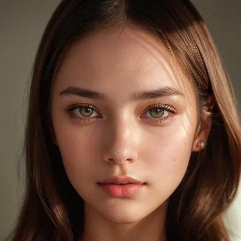 a close up of a woman with long hair and green eyes