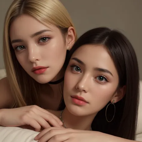 two women laying on a bed with their arms around each other