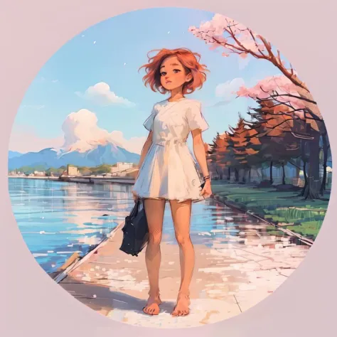 <lora:Circle Style:1>, (Circle Sora:1.8), 
1girl, solo, dress, tree, outdoors, cherry blossoms, sky, day, blue sky, pink hair, standing, white dress, wide shot, short hair, barefoot, holding, short sleeves, scenery