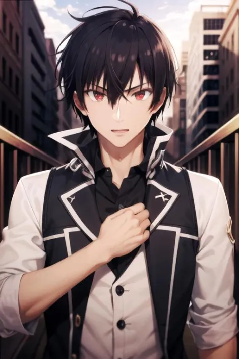 masterpiece, best quality, wallpaper, 1boy, solo, male focus, looking at viewer, upper body, depth of field, anime coloring, , <lora:anos_voldigoad:0.66>, anos_voldigoad, black hair, red eyes, , , The City of Glas, 32k resolution