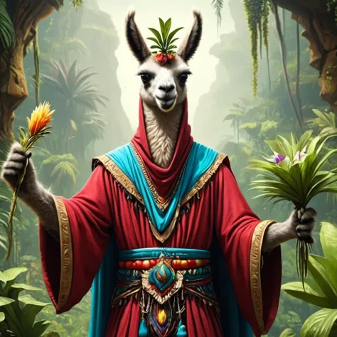 ultra-fine digital painting of a <lora:anthro_muscular:0.7> anthro Llama (Holding a prop confidently) at Jungle planet with levi...