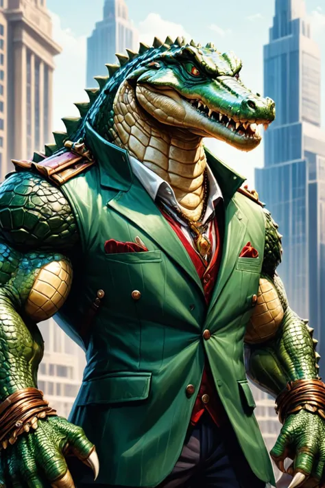 Detailed digital illustration of an anthro Crocodile (Holding a prop confidently) at a Mega-corporation headquarters with imposi...