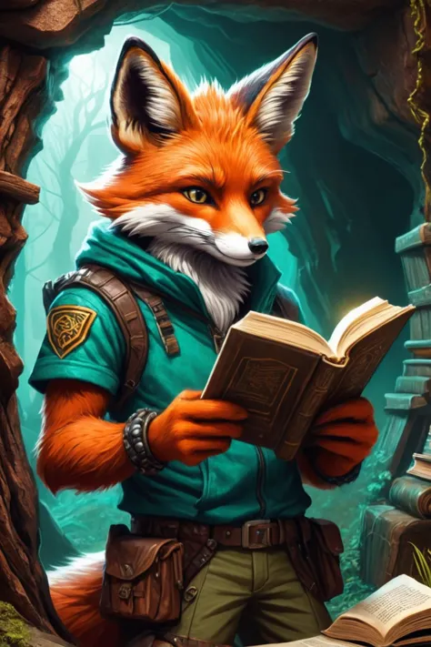 Detailed digital illustration of an anthro Fox (Reading a book, absorbed in intellect) at a Underground resistance hideout with ...