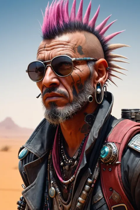 RAW photo of a madpunk Cyberpunk nomad medic with nano-enhanced treatments at Desert planet with nomadic tribes,  super detail, ...