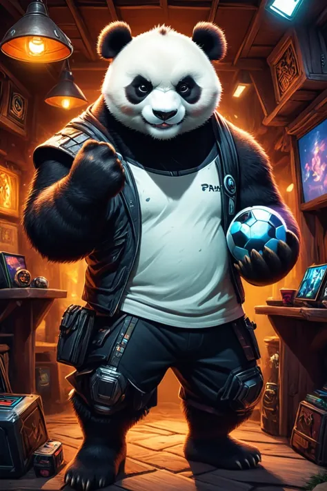 Illustration numérique détaillée d&#39;un panda anthropomorphe (Tenir un accessoire avec confiance) dans un repaire de jeux de réalité virtuelle avec des configurations immersives, fou punk