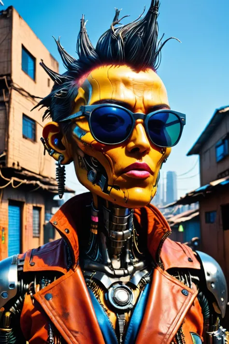 RAW photo of a madpunk c1bo cyborg (Wearing sunglasses, radiating cool confidence) at a Cyberpunk slums with makeshift rooftop shanties, super detail, ultra-realism, bl4ckl1ghtxl  ,  