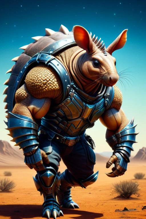 ultra-fine digital painting of a madpunk muscular  anthro Armadillo (Tilting head sideways, conveying curiosity) at Exoplanet ecosystem driven by bioluminescence,  super detail, ultra-realism, PENeonUV