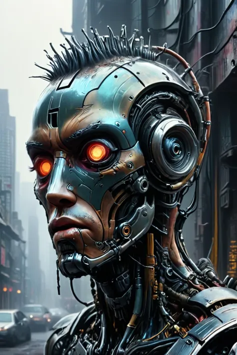 RAW-Foto eines Madpunk C1bo Cyborg (Augen geschlossen, friedliche Ruhe) in einer dystopischen Stadtlandschaft mit ewigem Smog, Super Detail, Ultra-Realismus, noface, cyborg cyberpunk style, cyberpunk