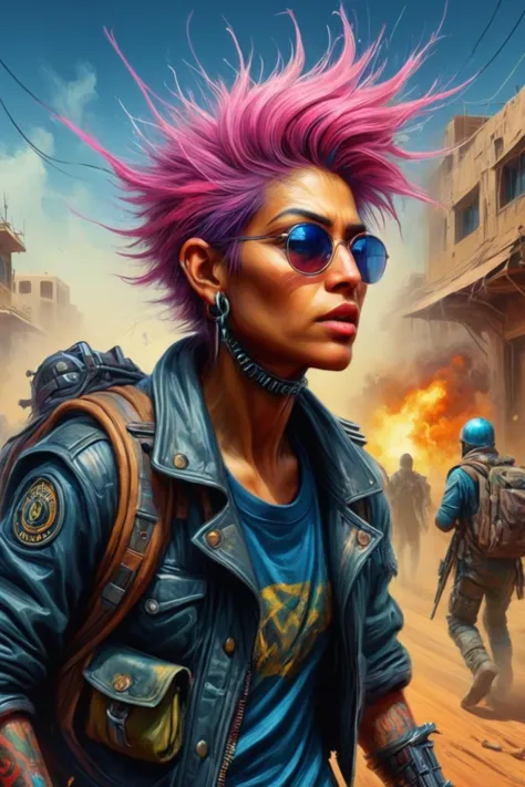 ultra-fine digital painting of a madpunk Augmented resistance fighter against corporations at Psychic refugees escaping oppressi...