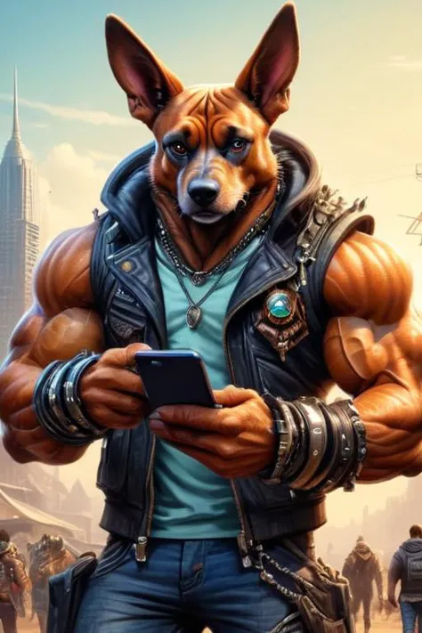 pintura digital ultrafina de un perro antro musculoso madpunk (Revisar el teléfono, compromiso moderno) en la sociedad de exoplanetas gobernada por la mente colmena,  Súper detalle, ultrarrealismo, 