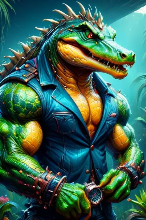 ultra-fine digital painting of a madpunk muscular  anthro Alligator (Looking at a watch, anticipation) at Quantum garden where reality bends,  super detail, ultra-realism, 