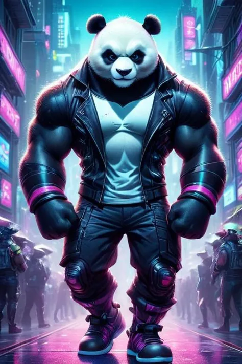 ultra-fine digital painting of a madpunk muscular  <lora:anthro_muscular:0.7> anthro Panda (Holding a hat stylishly) at Cyberspa...