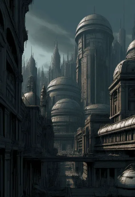 Futuristic cyberpunk ancient royal City, giant buildings, postapocalyptic, very detailed, hd