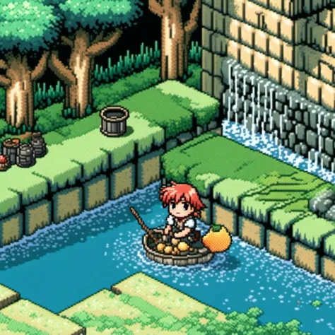 chibi style, pixel art, rpg maker, rpg top down. cena de ao, pescador tirando o peixe da gua enquanto raios divinos brilham travs de um splash de gua traslucido causando um efeito espetacular durante o salto do peixe, cena espetacular, foco prximo, isomtrico, diorama, cena dinmica, detalhado, ganhador de prmio no deviantart e CGtrade, 256 colors