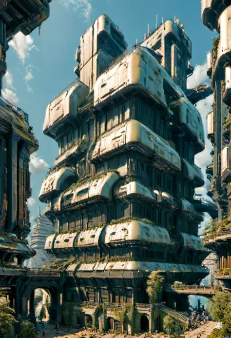 Futuristic cyberpunk ancient royal City, giant buildings, postapocalyptic, very detailed, hd