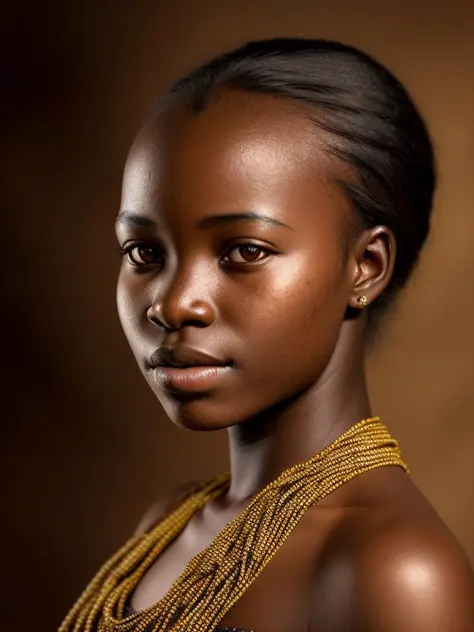 foto premiada de retrato de uma jovem mulher ugandense, Bokeh, retroiluminado, (cor marrom em detalhes:1.1), Telefoto, atmosfera elegante, realista, detalhes intrincados, tom de pele verdadeiro