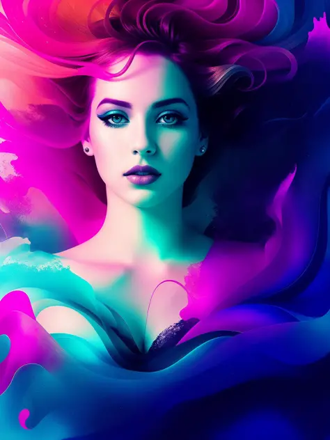 Abstract colorful underwater ink art of sexy looking young woman, Romantic lighting, award winning underwater ink art by Alberto...