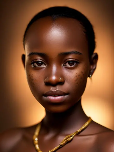 Portrait photo primé d&#39;une jeune femme ougandaise, bokeh, rétroéclairé, (couleur marron en détail:1.1), téléobjectif, Ambiance élégante, Réaliste, détails complexes, vrai teint