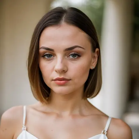 closeup portrait of a young sexy Ukrainian woman with revealing Fit and flare dress in Spa retreat , symmetrical face,  Outdoor lighting, Brooding atmosphere, sharp eyes
