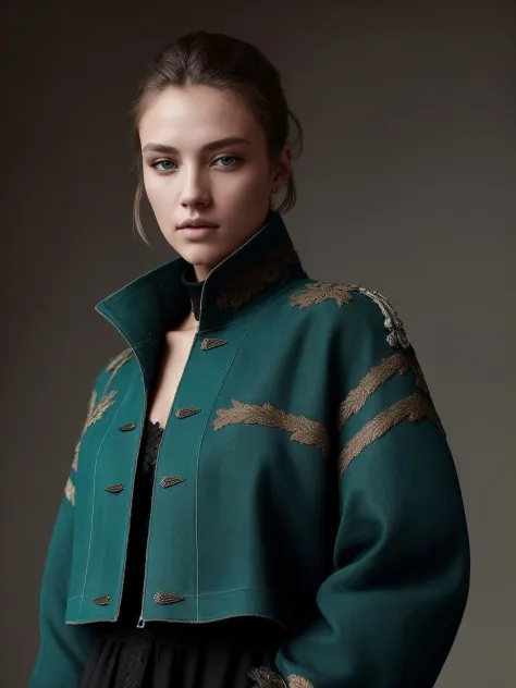 An award-winning closeup photo of a female model wearing a baggy teal distressed medieval cloth womenswear jacket by alexander m...