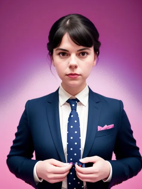 a painting of a  person dressed in a suit and tie with polka dots on it's shirt and collar, with a pink background , photoshop c...