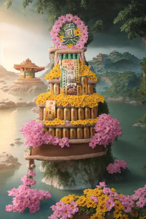 there is a large cake with flowers on top of it