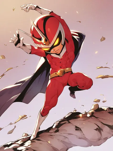 a close up of a person in a red costume flying through the air