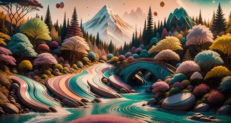 candyland, fantasy, house with trees,  illustration, full background, colorful, vivid, w00d candy mountains, syrup river  <lora:...