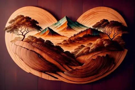 a close up of a wooden heart shaped artwork with a mountain scene