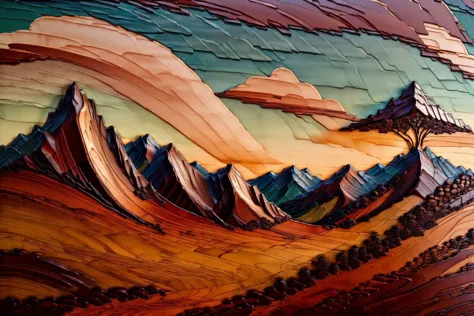 a close up of a cake with a mountain and clouds on it