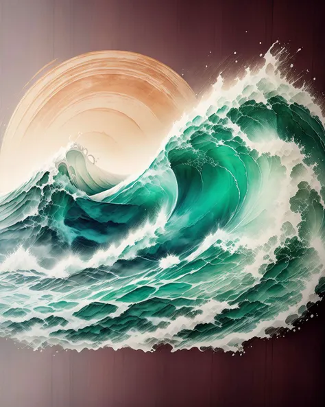 painting of a large wave with a sun in the background