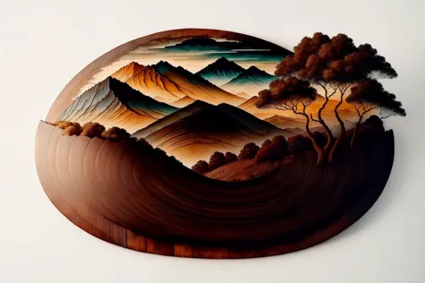 a close up of a wooden plate with a painting of a mountain