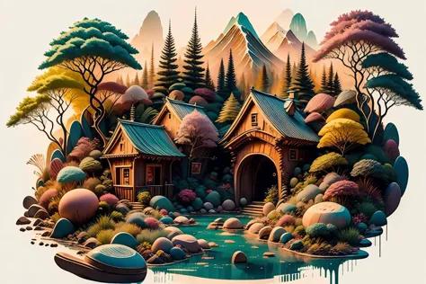 illustration of a house in the middle of a forest with a river running through it