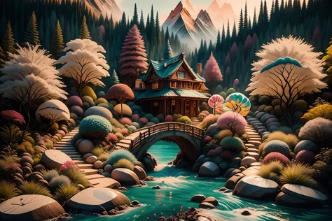 candyland, fantasy, house with trees,  illustration, full background, colorful, vivid, w00d candy mountains, syrup river  <lora:Candyland:0.8> <lyco:woodenLycoV2:0.8> <lora:ink-0.1-3-b28-bf16-D128-A1-1-ep64-768-DAdaptation-cosine:1>