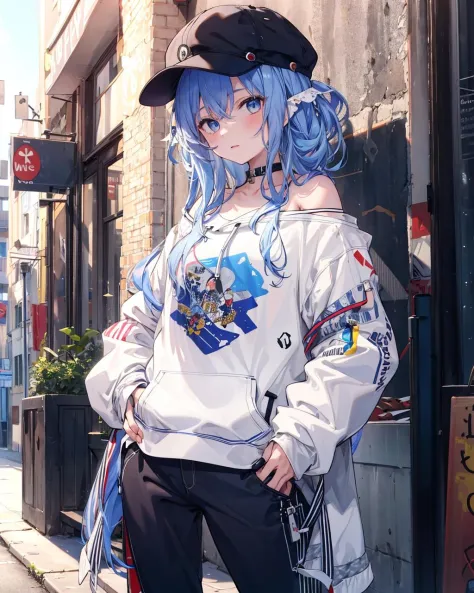 masterpiece,1girl,solo,long hair,blue hair,hoodie,<lora:quinellaSAOCharacter_v10:0.8>,off shoulder:1.2, mob cap, street,hand on ...