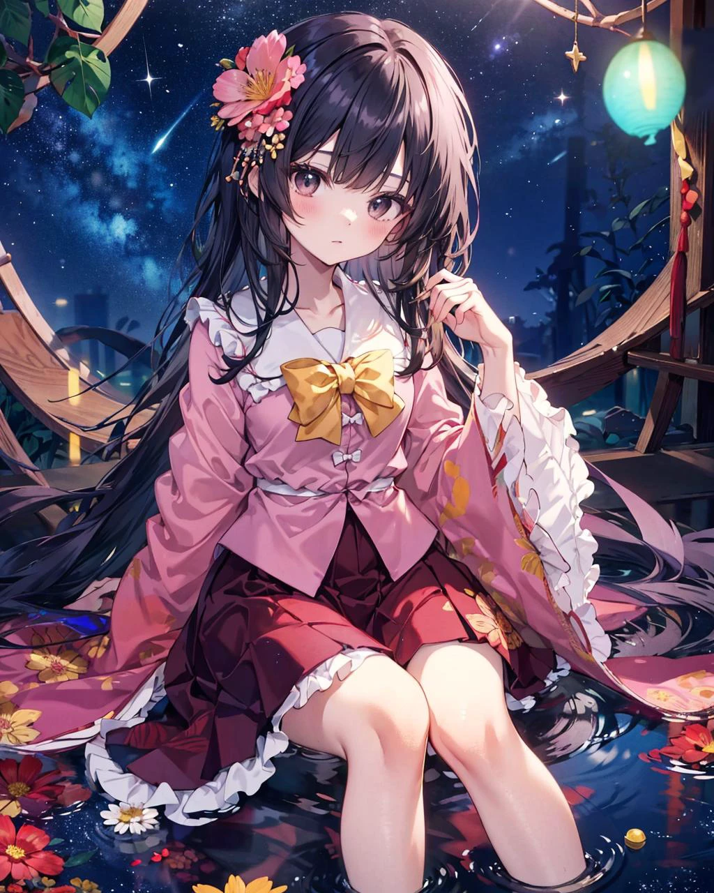 houraisan kaguya, 1girl, solo, red skirt, pink shirt, long sleeves, hair ornament, hair flower, wide sleeves, flower, black eyes, bamboo, feet out of frame, sitting, closed mouth, looking at viewer, night, star (sky), frilled sleeves, sky, night sky, starry sky, sidelocks, jeweled branch of hourai,