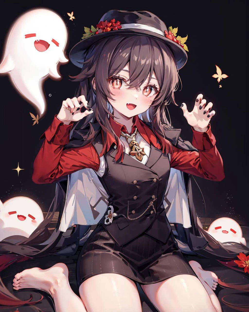 hutaooneplus, 1girl, solo, skirt, red shirt, claw pose, sitting, open mouth, looking at viewer, wariza, vest, barefoot,smile, blush, jacket, fedora, black skirt, fang, simple background, :d, necktie, flower-shaped pupils, boo tao \(genshin impact\), ghost