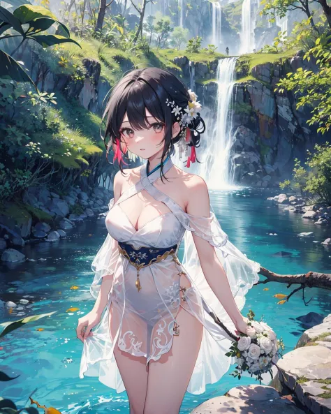 1girl ,bare shoulders,black hair ,holding_bouquet ,branch ,breasts ,colored inner hair, colorful ,fish ,hanfu,dress,long dress ,mountain,pool ,((white_see-through dress)),strapless dress , tree , (waterfall ),cowboy shot, standing, from above, bare legs,