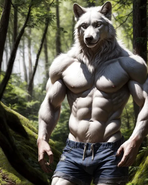 anthro, white wolf, male, adult, muscular, veiny muscles, shorts, topless, looking at viewer, realistic fur, detailed background...