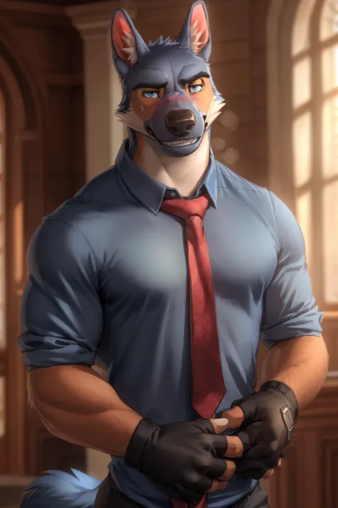 barlitz, blue eyes, (pose:1.3), (soft shading), 4k, hi res, ((detailed face, detailed)), by zackarry911, by zaush, (by personalami:0.5), looking at viewer, blush, shirt, upper body, male focus, necktie, teeth, collared shirt, fingerless gloves, sweatdrop, blue shirt, sharp teeth, breath, loose necktie, blue fur, undone necktie, neckwear grab, salaryman, necktie grab