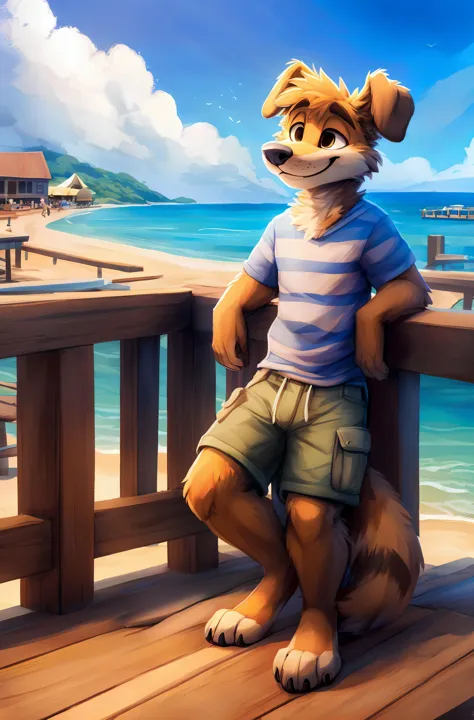 a cartoon fox sitting on a wooden deck next to the ocean