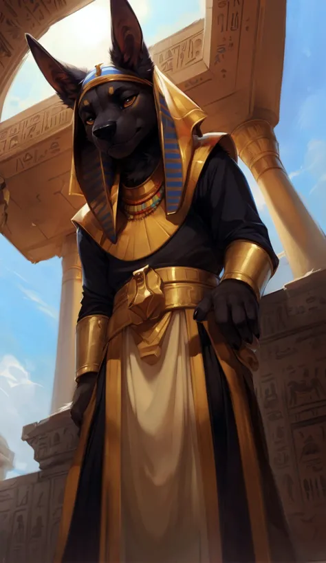 furry, e621, Anubis  dog, black fur, unamused expression, looking down at you, egyptian priest outfit, blue sky, temple, by dark...