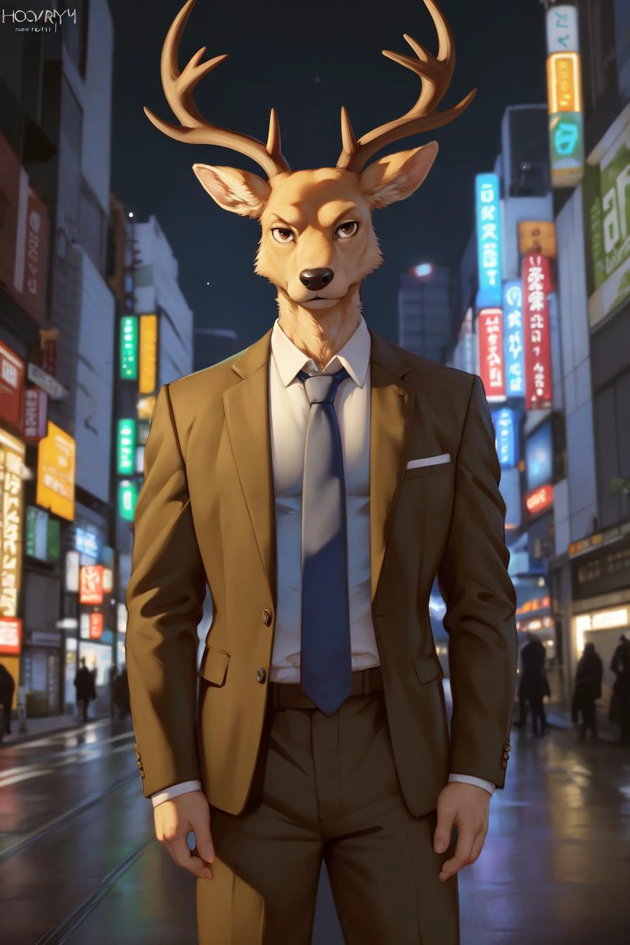 (by honovy, by zackary911, by by null-ghost), male, deer, solo, clothed, red jacket, green shirt, necktie, louis \(beastars\), standing, night, akihabara, tokyo, street, neon lights, moonlight, antlers, brown eyes