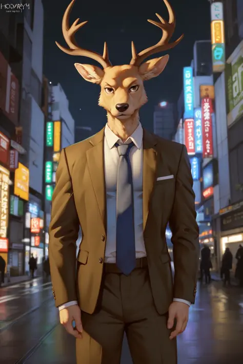 (by honovy, by zackary911, by by null-ghost), male, deer, solo, clothed, red jacket, green shirt, necktie, louis \(beastars\), s...