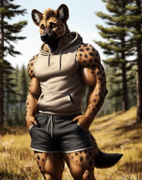 anthro (hyena), (detailed fur, detailed fur texture:1.2), adult, male, muscular, solo, shorts, hoodies, tail, detailed background, wilderness background, photorealistic, hyper realistic, ultra detailed,