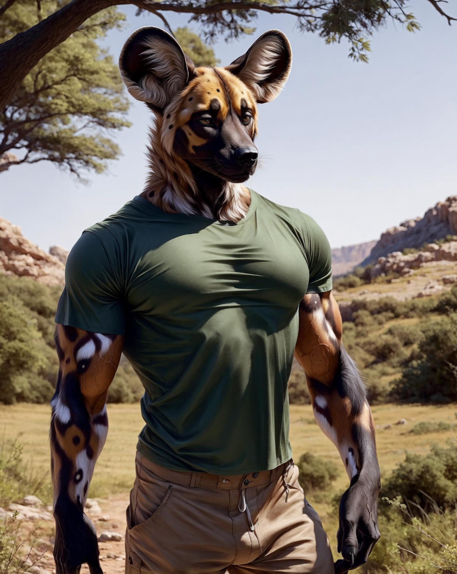 African Wild Dog Furry Porn - Araffe in a hoodie and shorts standing in a field - SeaArt AI